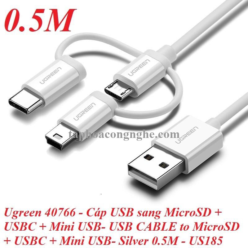 Ugreen 40766 0.5m màu Bạc Cáp dữ liệu USB 3trong1 micro + lightning + mini USB + truyền dữ liệu từ máy tính ra điện thoại US185 30040766